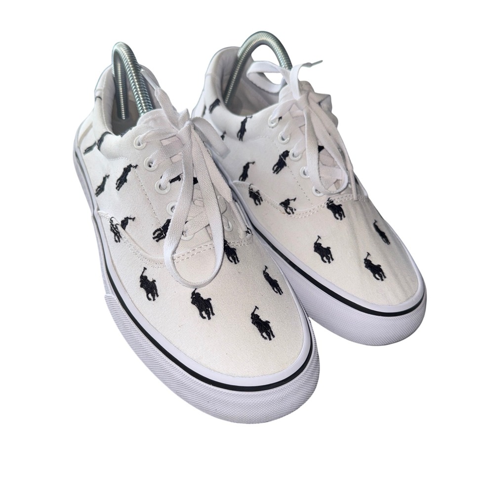 Polo Ralph Lauren Thorton Sneakers 8.5 White All Over Pony Logo Canvas‎ Shoes